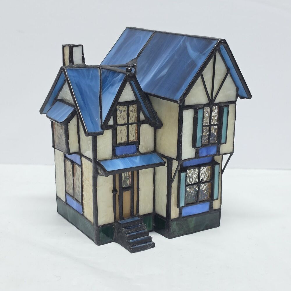 Vintage Stained Glass Village House Cottage Lamp Shade Or Flameless Candle Shade